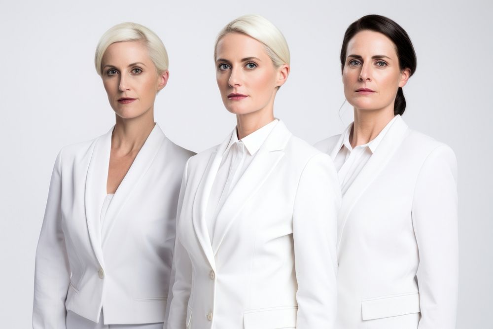 White women wearing white corporate uniform portrait adult togetherness.