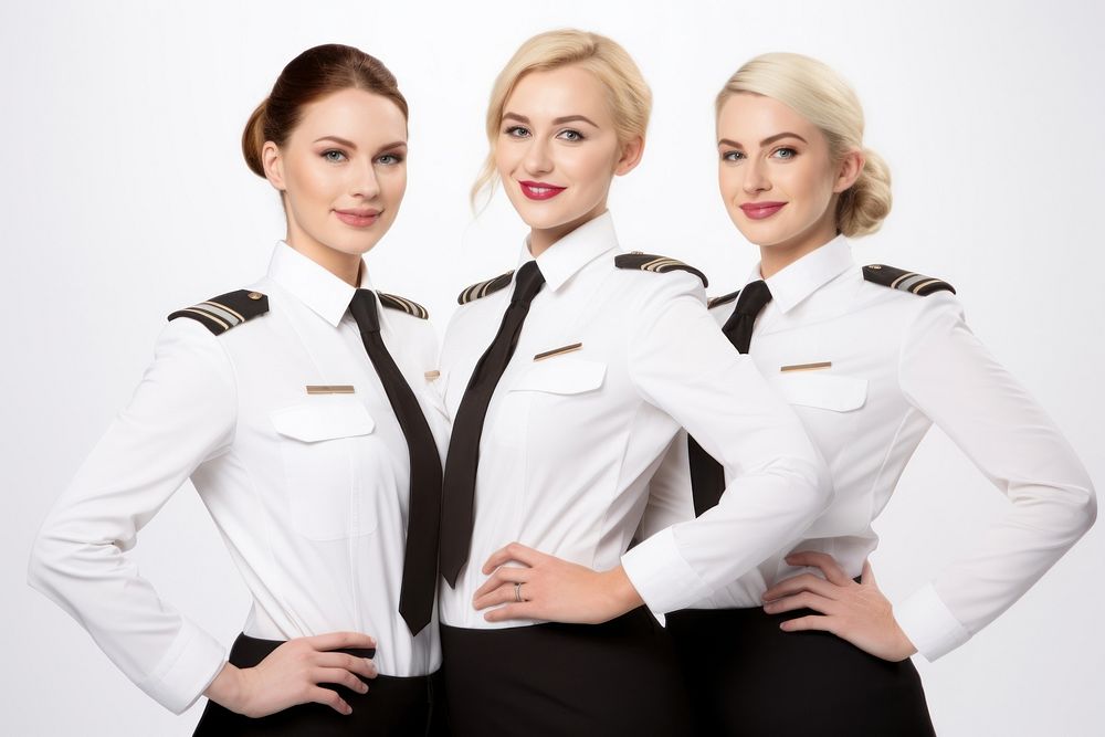 White women wearing white formal airline stewardess uniform portrait adult white background.