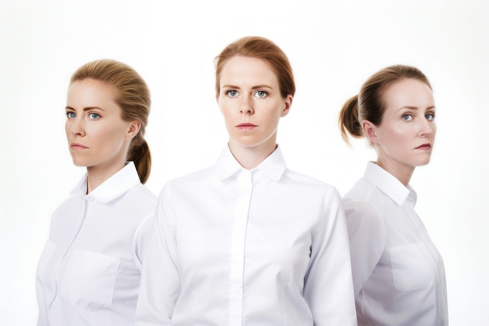 White women wearing white corporate uniform portrait sleeve adult.
