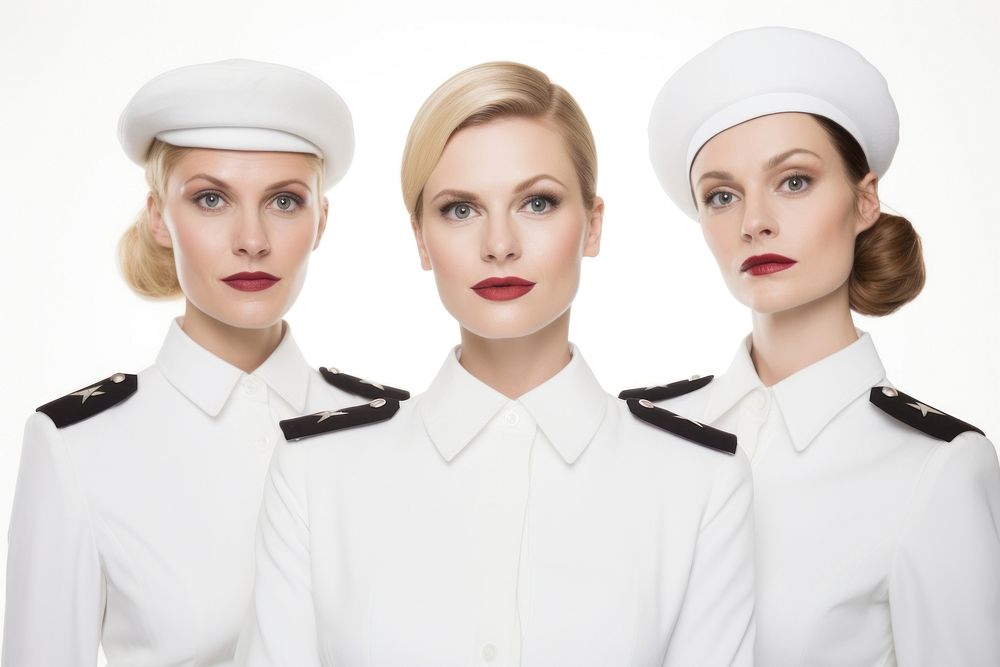 White women wearing white formal airline stewardess uniform portrait adult headwear.