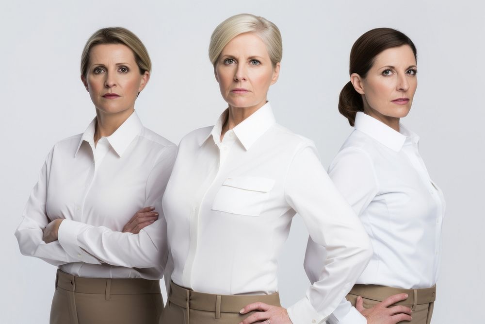 White women wearing white corporate uniform portrait sleeve adult.