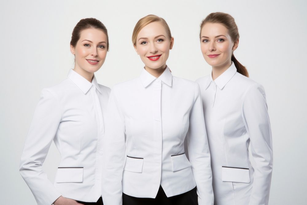 White women wearing white air hostess uniform portrait adult white background.