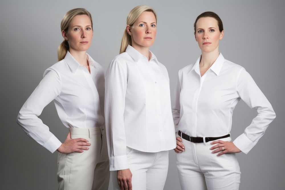 White women wearing white corporate uniform portrait sleeve blouse.