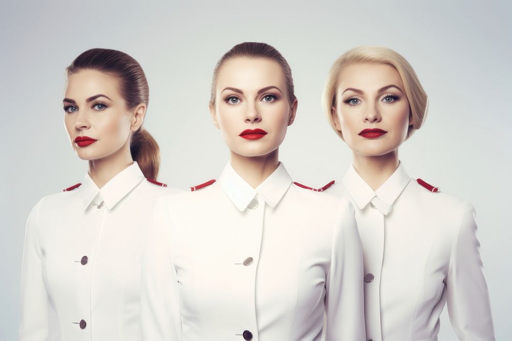 White women wearing white formal airline stewardess uniform portrait lipstick adult.