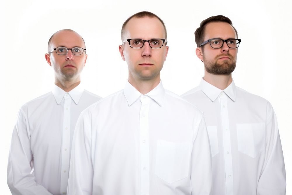 White men wearing white corporate uniform portrait glasses shirt.
