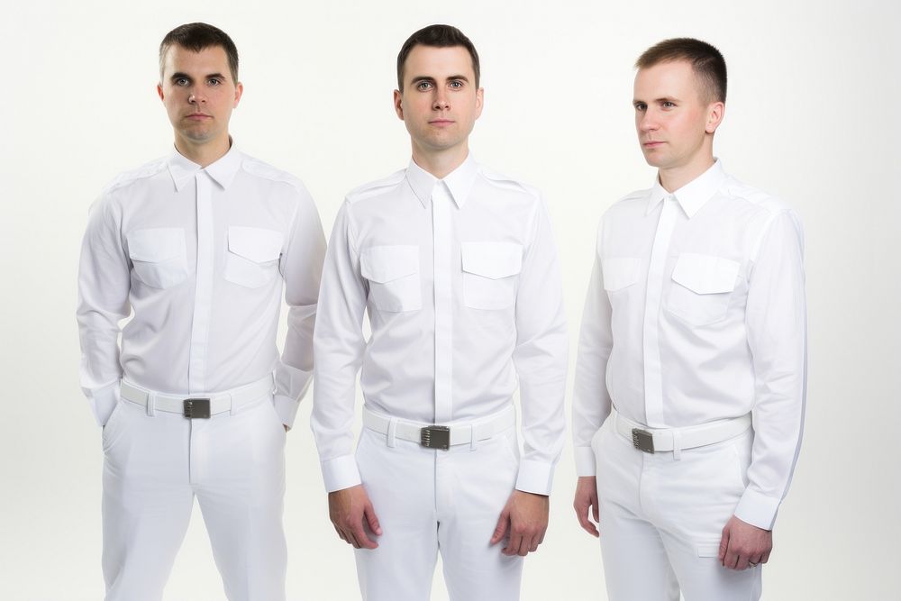White men wearing white corporate uniform portrait sleeve shirt.
