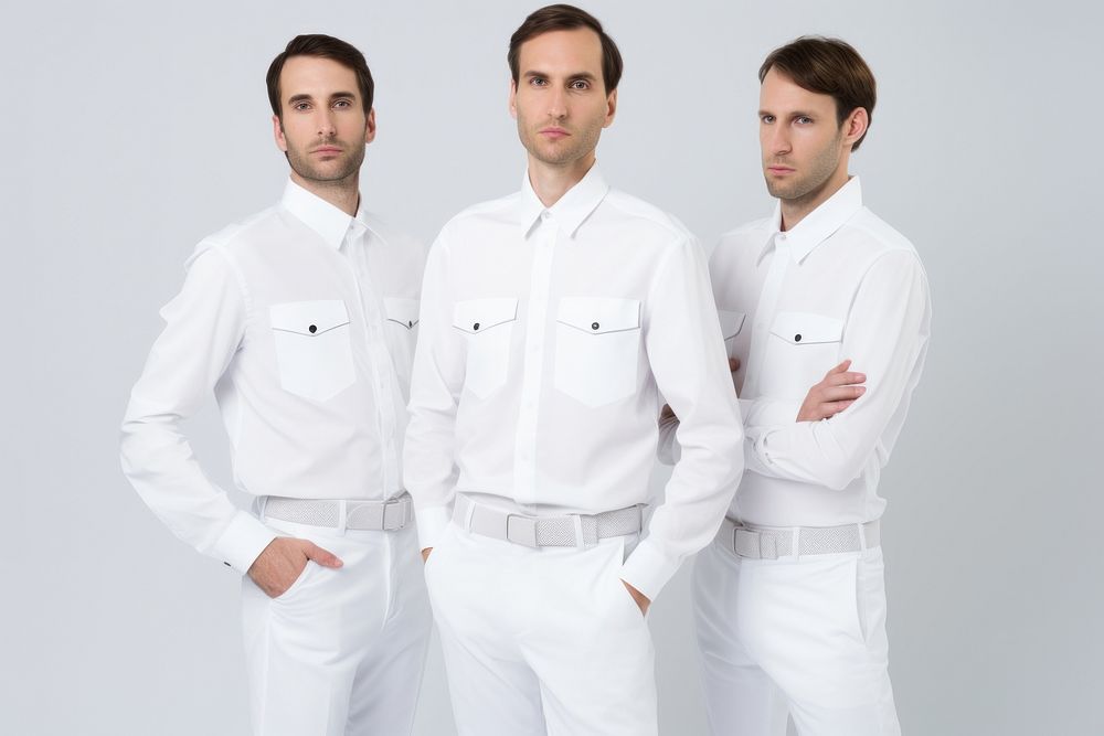 White men wearing white corporate uniform portrait adult shirt.