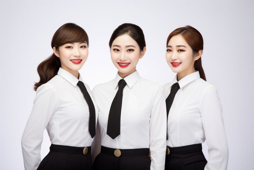 Asian women wearing white formal airline stewardess uniform portrait adult white background.