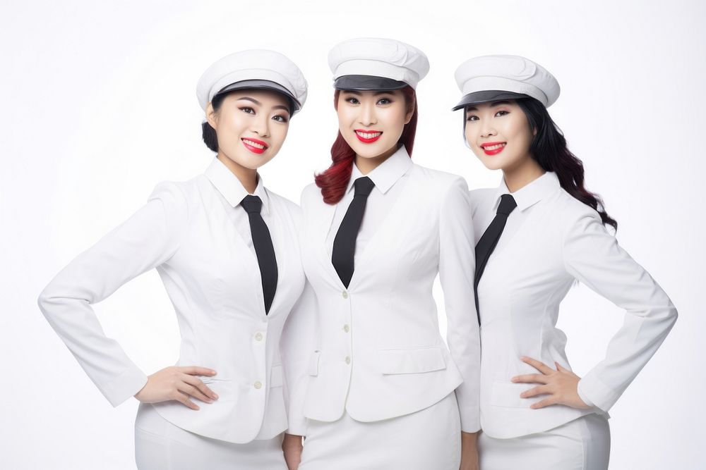 Asian women wearing white air hostess uniform portrait adult togetherness.