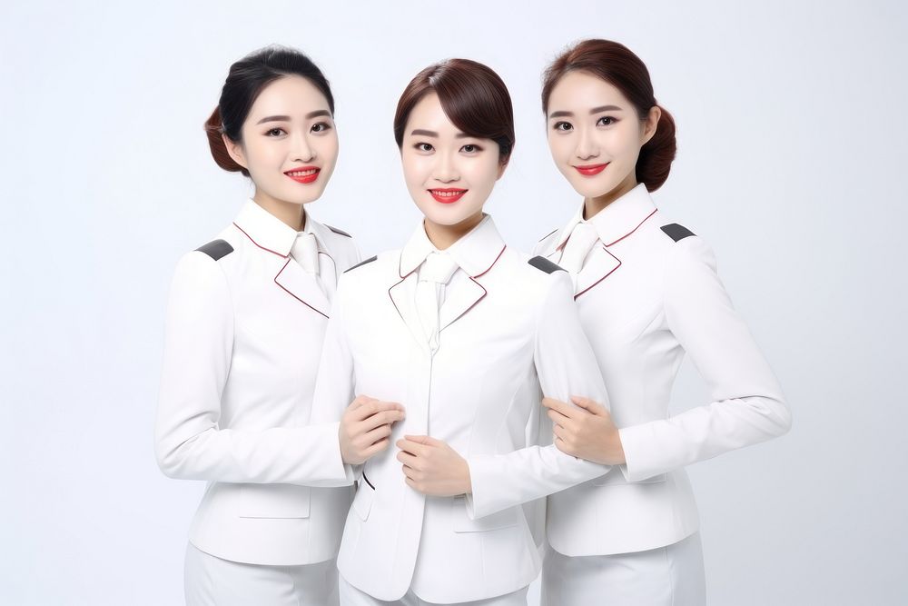 Asian women wearing white formal airline stewardess uniform portrait adult togetherness.