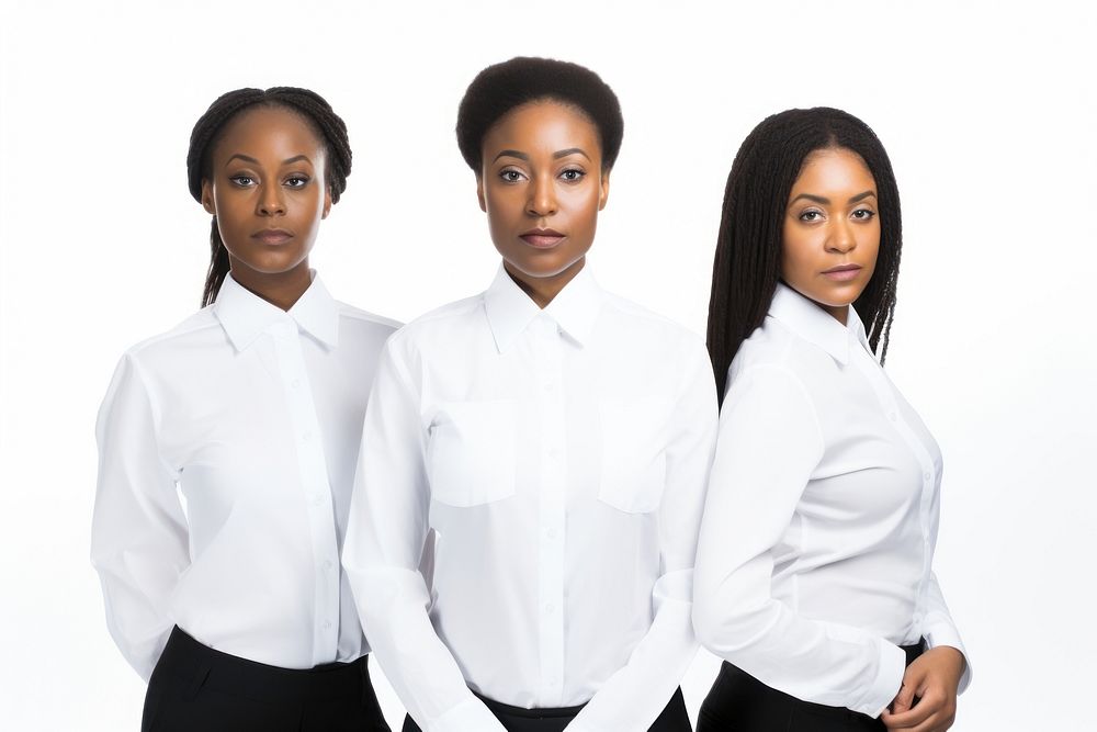 Black women wearing white corporate uniform portrait sleeve adult.