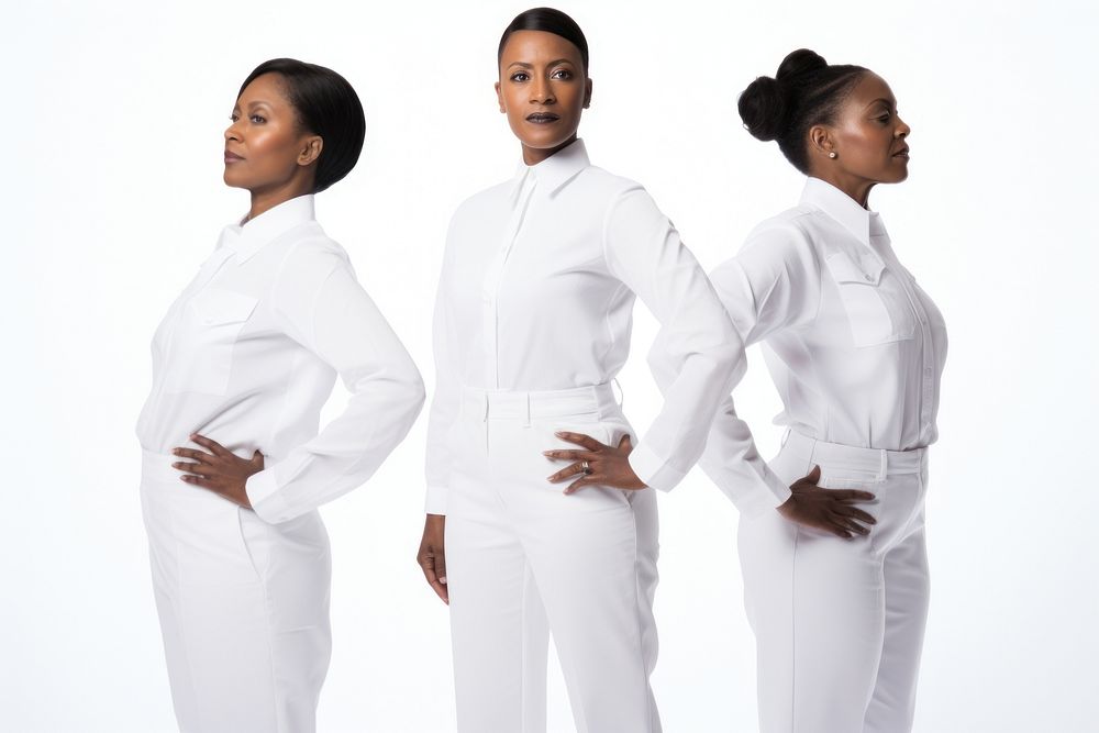 Black women wearing white corporate uniform portrait sleeve adult.