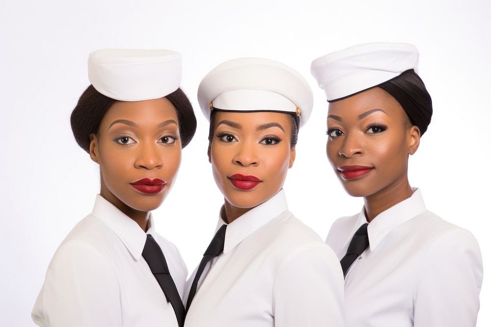 Black women wearing white formal airline stewardess uniform portrait adult photo.