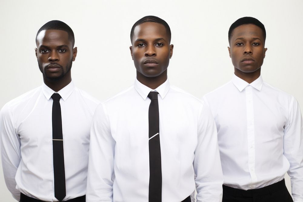 Black men wearing white corporate uniform portrait shirt adult.