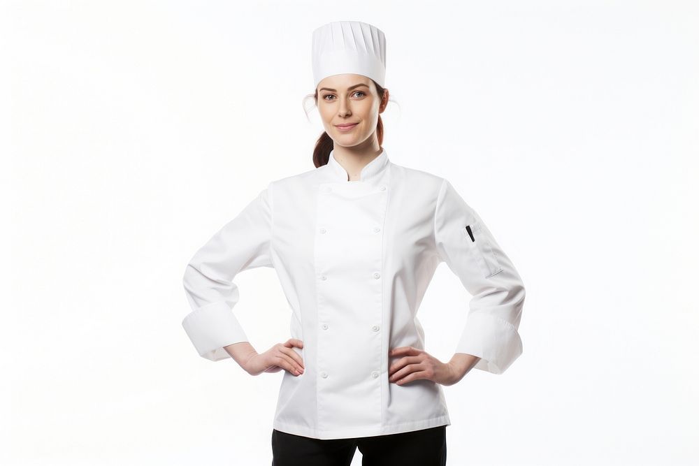 White women wearing white chef uniform portrait white background outerwear.