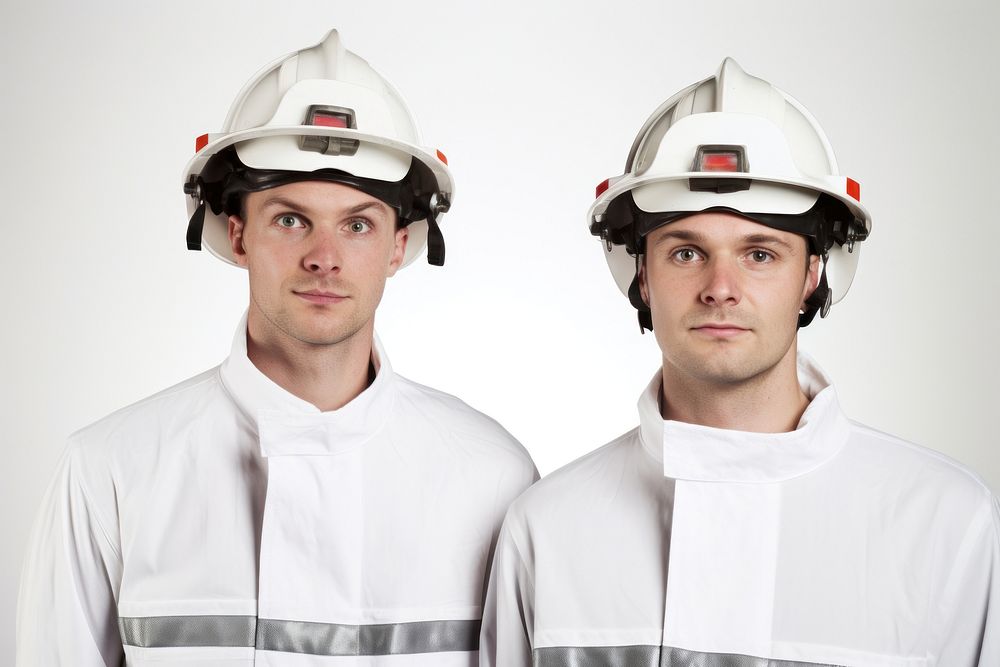 White men wearing white fireman uniforms portrait hardhat helmet.