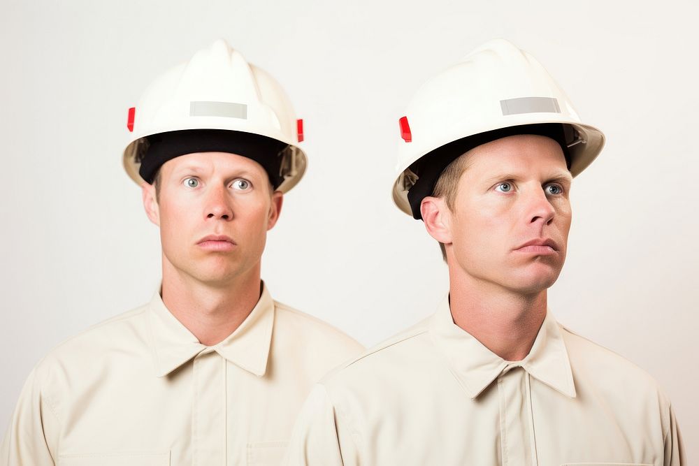 White men wearing white fireman uniforms portrait hardhat adult.