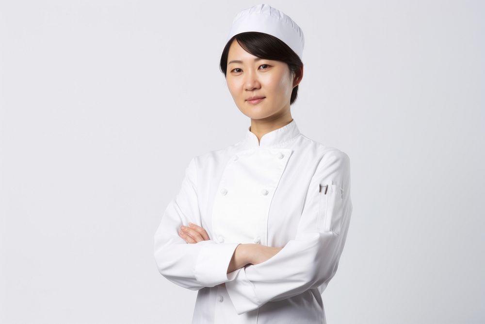 Asian women wearing white chef uniform portrait adult white background.