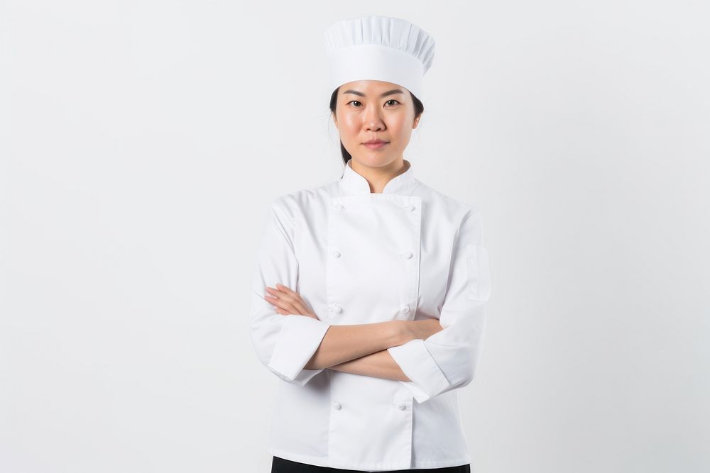 Asian women wearing white chef uniform portrait white background scientist.