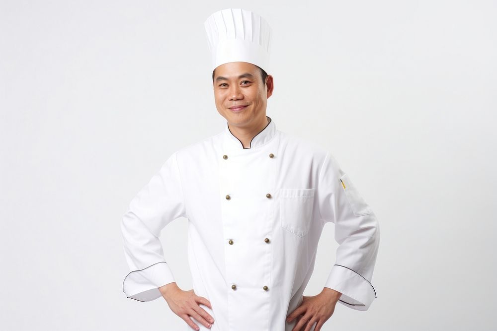 Asian men wearing white chef uniform portrait white background celebration.