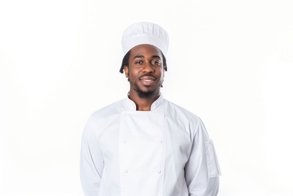Black men wearing white chef uniform portrait adult white background.