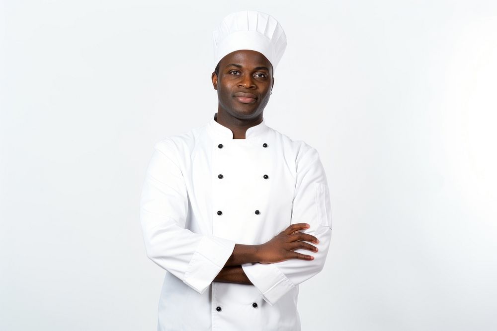Black men wearing white chef uniform portrait adult white background.