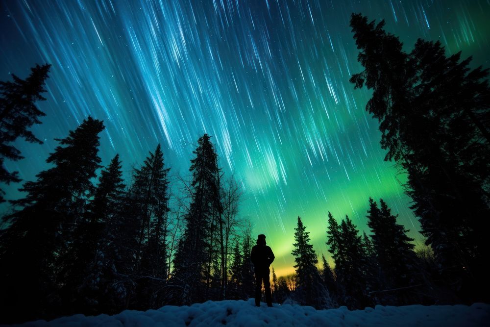  Stars northern lights silhouette landscape. AI generated Image by rawpixel.