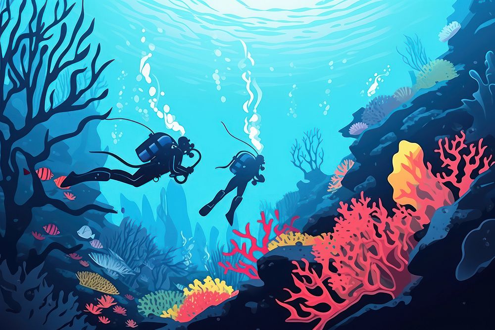 Scuba divers exploring coral reef sports underwater recreation.