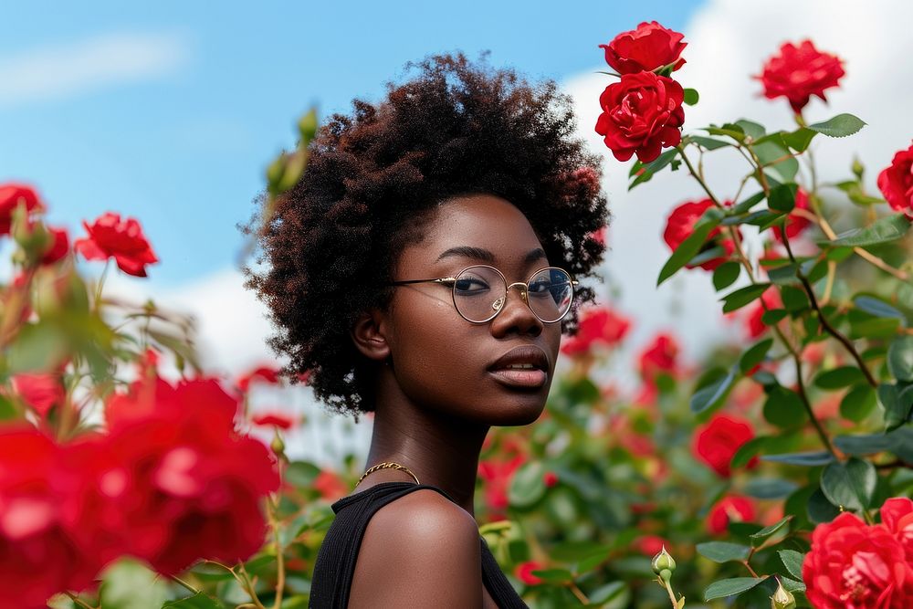 Woman black fashion glasses rose portrait.