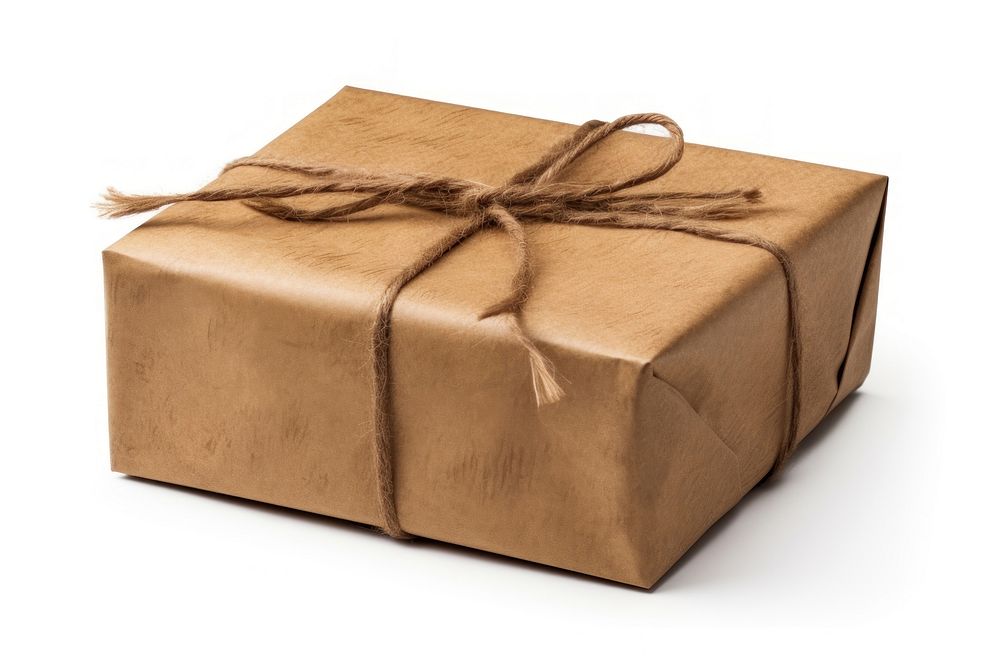 Box Brown wrapped parce brown gift white background.