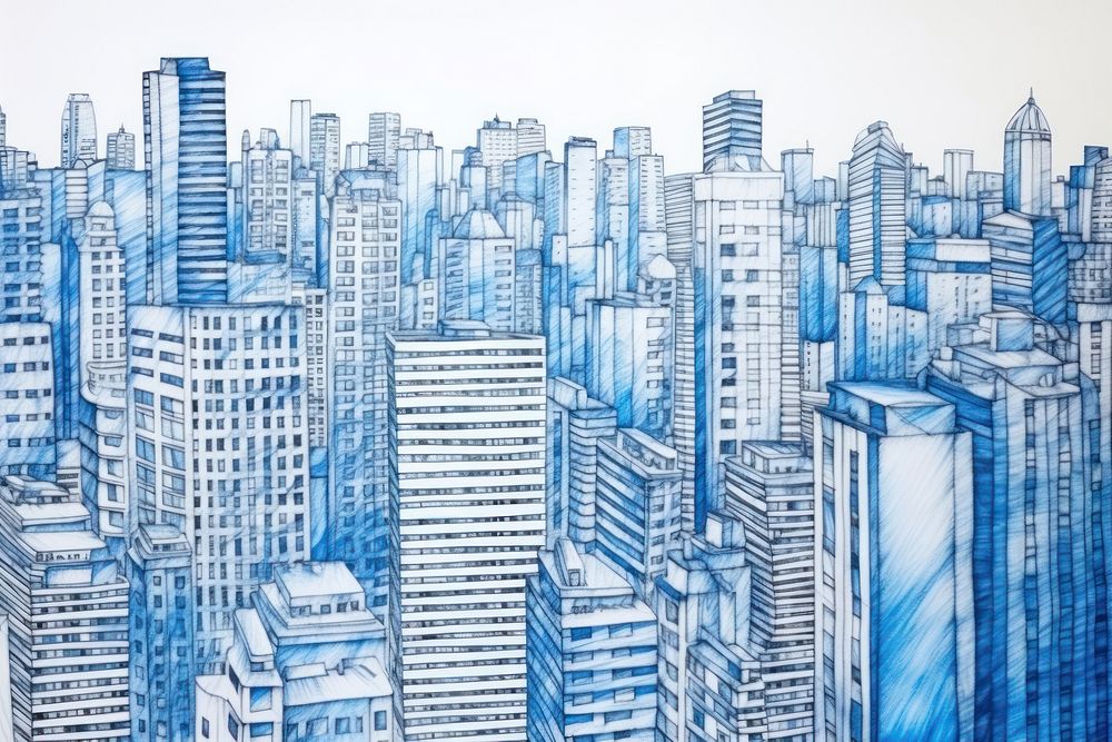 Drawing of city architecture metropolis skyscraper.