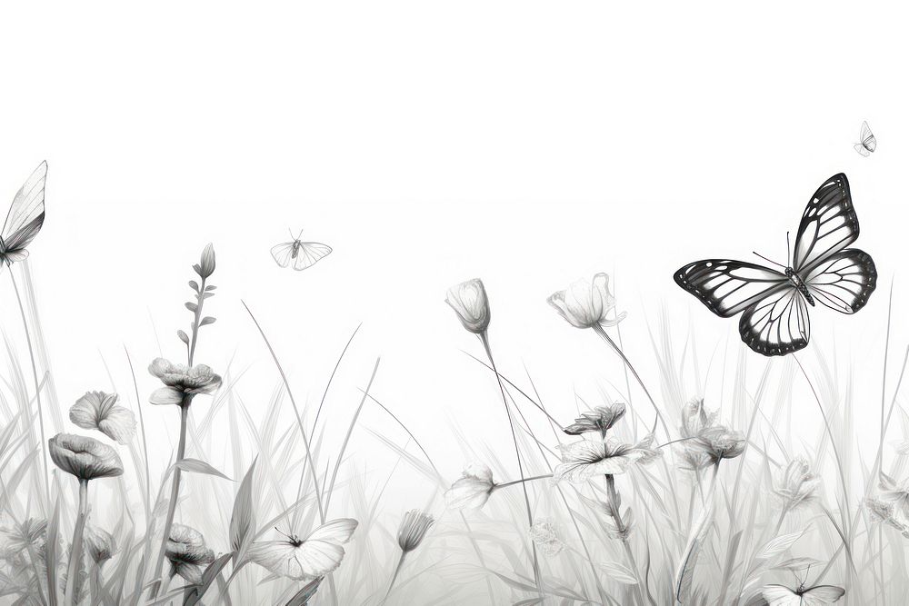  Butterflies in the flower meadow drawing sketch plant. AI generated Image by rawpixel.