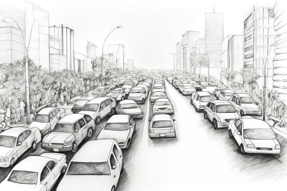  Traffic jam in the city drawing sketch vehicle. AI generated Image by rawpixel.