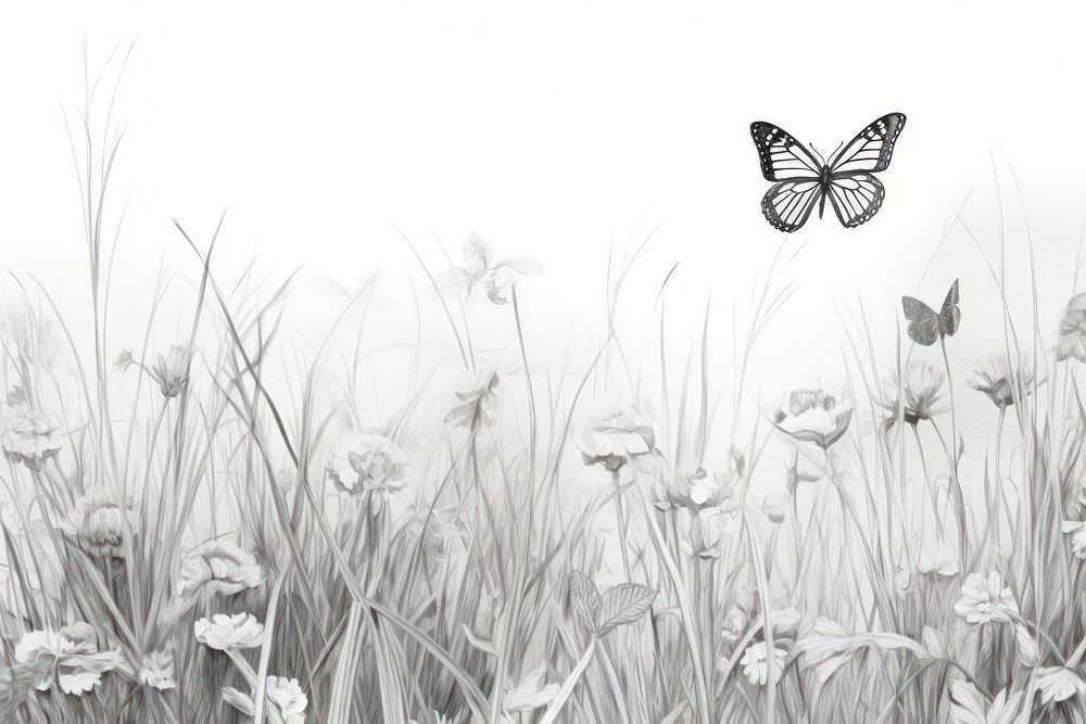  Butterflies in the flower meadow drawing sketch animal. AI generated Image by rawpixel.
