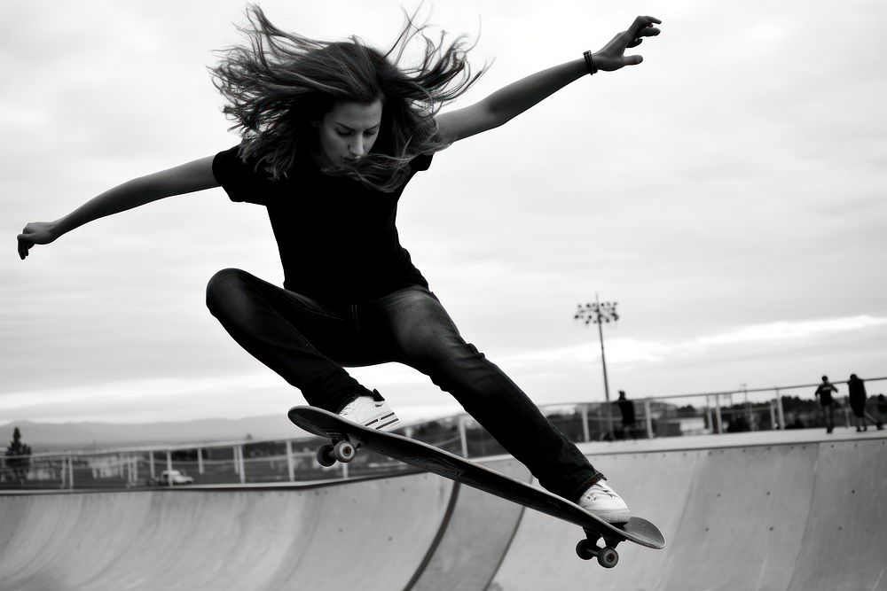 Skater girl jump and rides on skateboard at skate park adult transportation skateboarding.