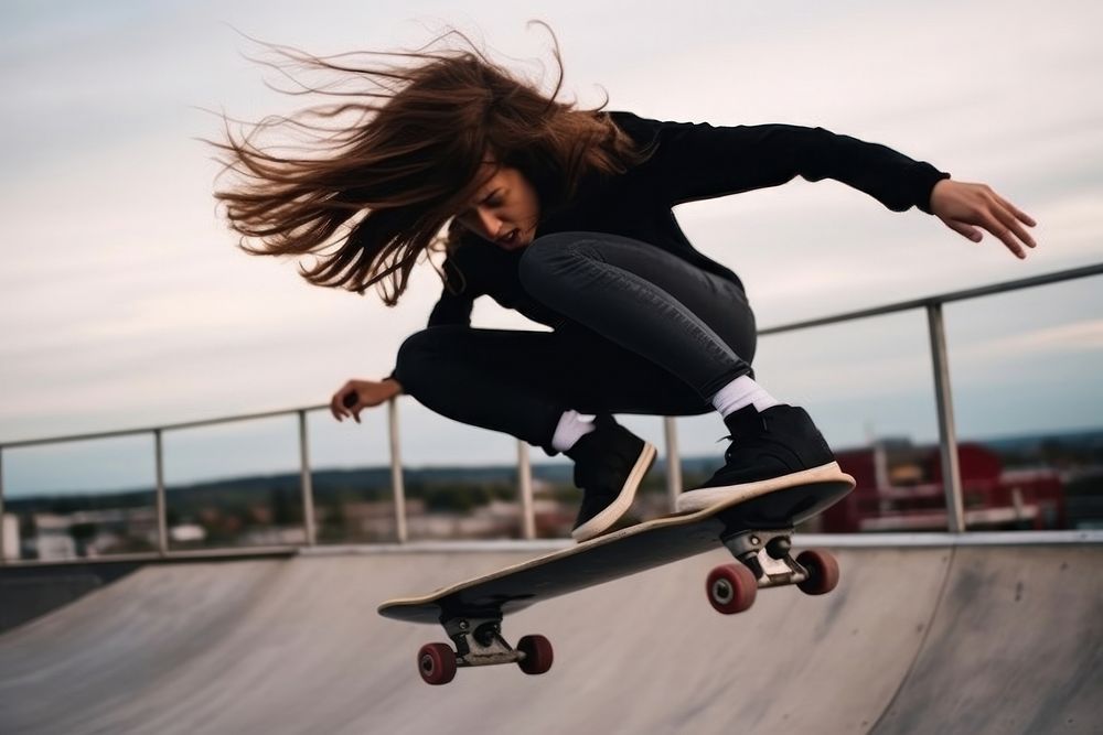 Skater girl jump and rides on skateboard at skate park footwear skateboarding exhilaration.