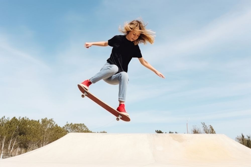 Skater girl jump and rides on skateboard at skate park footwear jumping skateboarding.