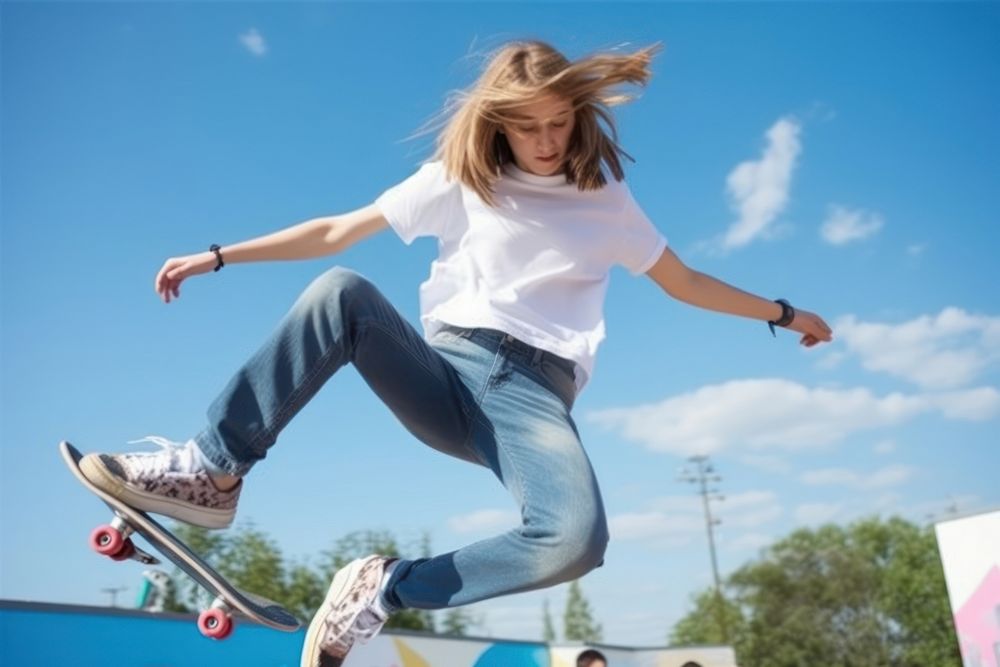 Skater girl jump and rides on skateboard at skate park jumping skateboarding exhilaration.