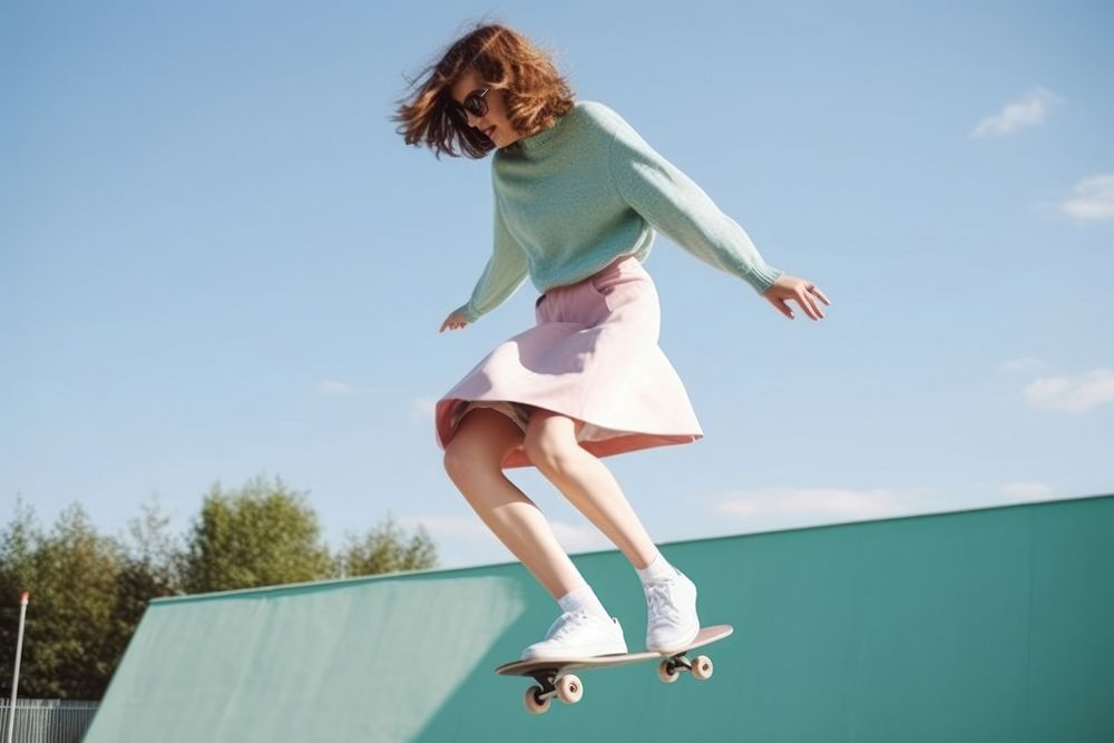 Skater girl jump and rides on skateboard at skate park footwear shoe skateboarding.