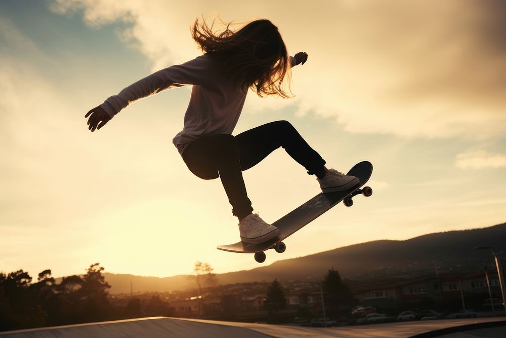 Skater girl jump and rides on skateboard at skate park footwear jumping transportation.