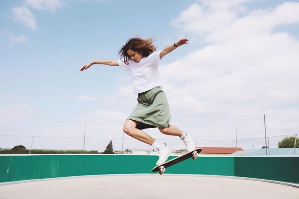 Skater girl jump and rides on skateboard at skate park footwear jumping skateboarding.