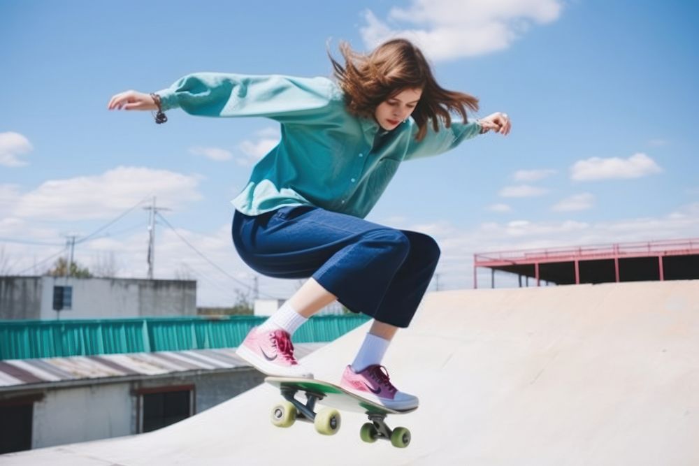 Skater girl jump and rides on skateboard at skate park footwear skating sports.