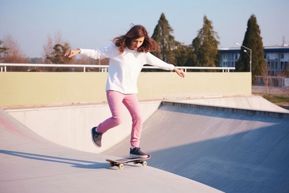 Skater girl jump and rides on skateboard at skate park footwear skateboarding snowboarding.