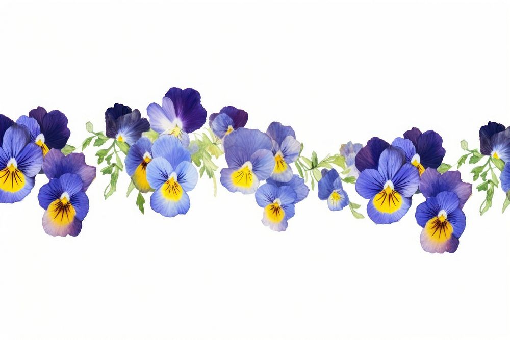 Blue pansy flowers border plant white background inflorescence.
