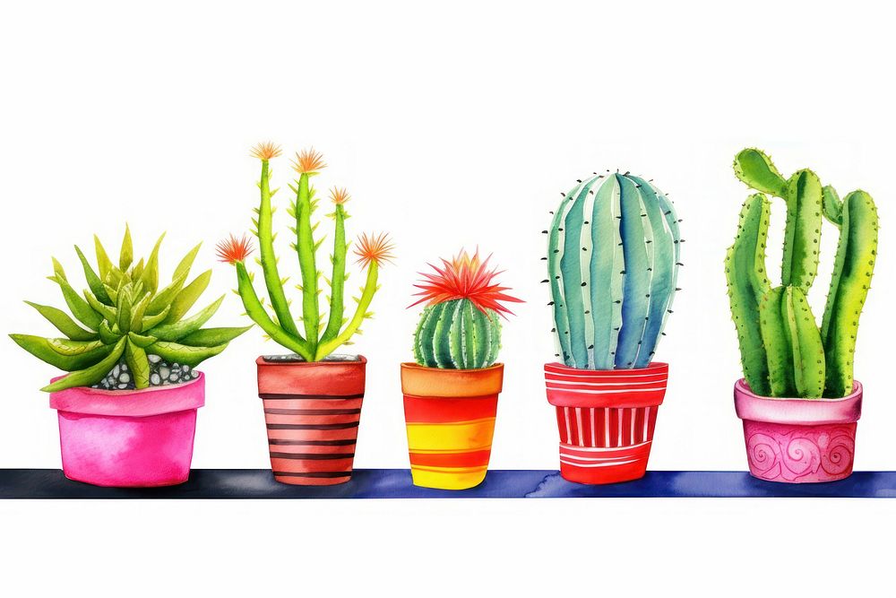 Different kind of potted cactus border plant white background creativity.