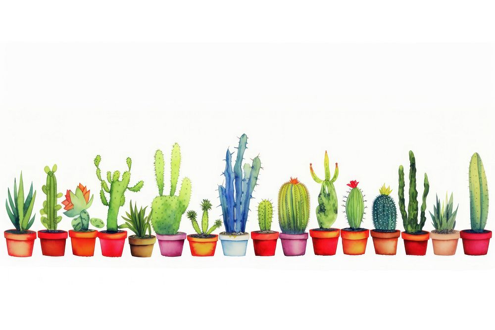 Different kind of potted cactus border panoramic plant white background.