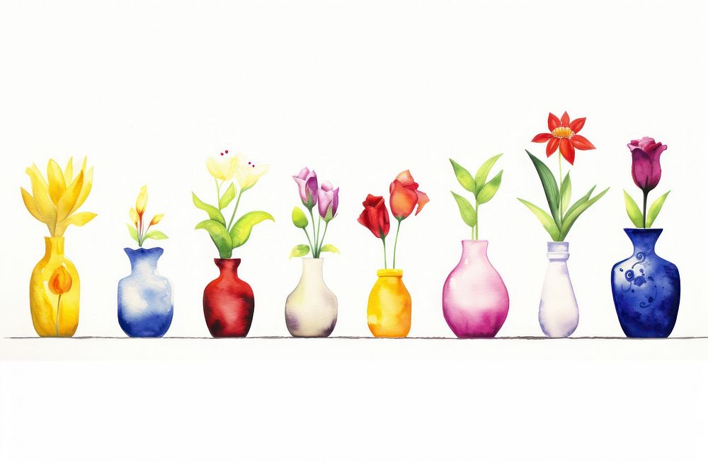 Flower in different kind of vases border painting plant white background.