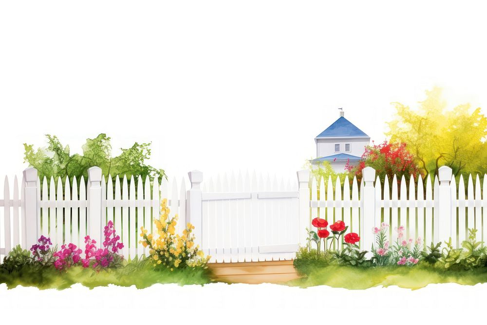 Garden with white fence border outdoors nature yard.
