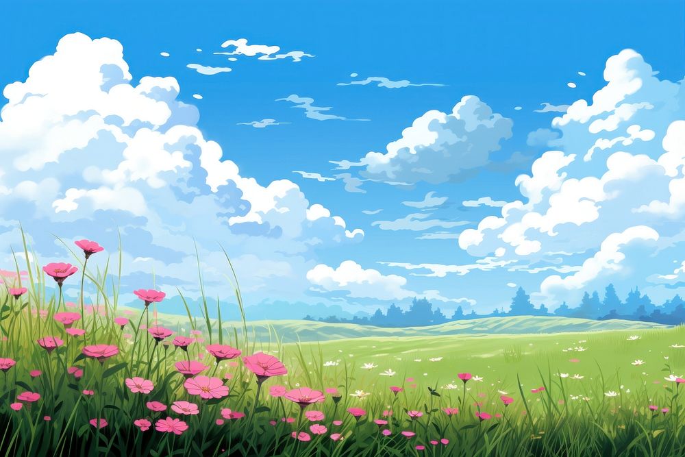 Flower field grassland landscape outdoors. AI generated Image by rawpixel.