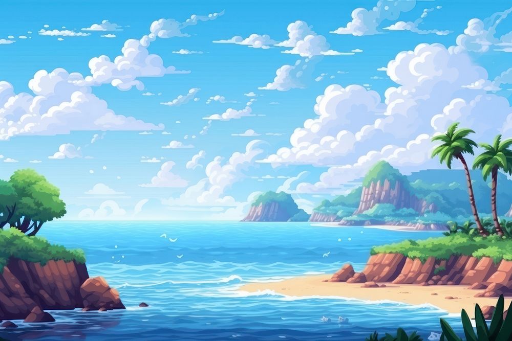 Pixel art is a sea landscape outdoors nature. AI generated Image by rawpixel.